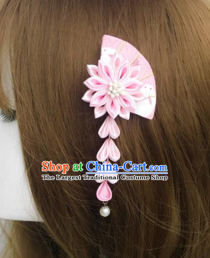 Japan Traditional Yukata Pink Fan Flowers Tassel Hair Claw Japanese Handmade Kimono Hair Accessories for Women