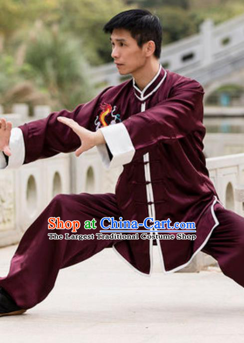 Top Chinese Traditional Tai Chi Wine Red Costume Martial Arts Training Uniform Kung Fu Wushu Clothing for Men