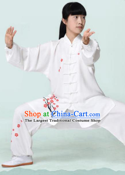 Chinese Traditional Tai Chi Printing Plum Blossom White Costume Martial Arts Training Uniform Kung Fu Wushu Clothing for Women
