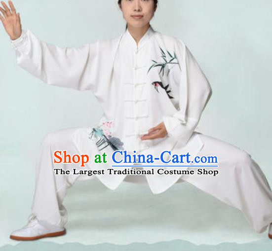 Chinese Traditional Tai Chi Printing Bamboo White Costume Martial Arts Training Uniform Kung Fu Wushu Clothing for Women