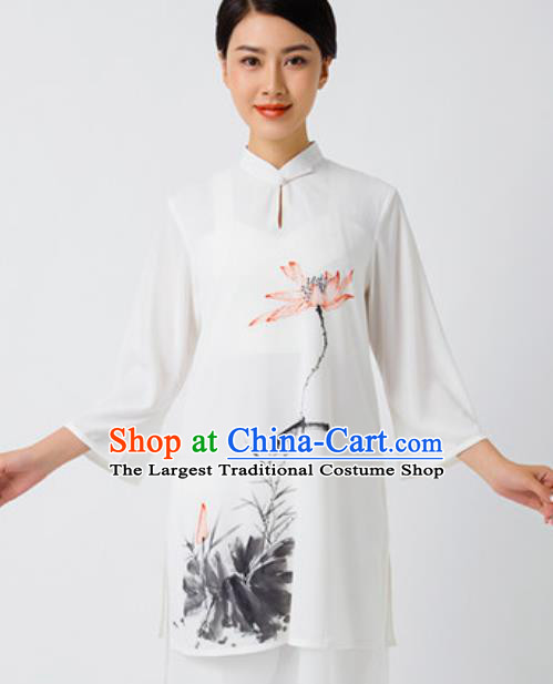Chinese Traditional Tai Chi Printing Lotus White Costume Martial Arts Uniform Kung Fu Wushu Clothing for Women