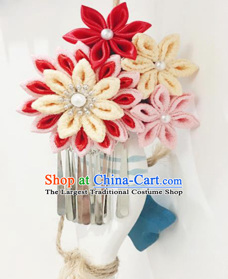Japan Traditional Yukata Red Flowers Tassel Hair Claw Japanese Handmade Kimono Hair Accessories for Women