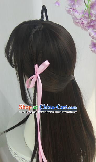Handmade Chinese Ancient Tang Dynasty Young Lady Blunt Bangs Chignon Traditional Hanfu Wigs Sheath for Women