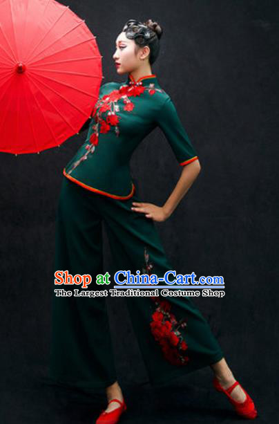 Chinese Folk Dance Yangko Atrovirens Costume Traditional Fan Dance Clothing for Women