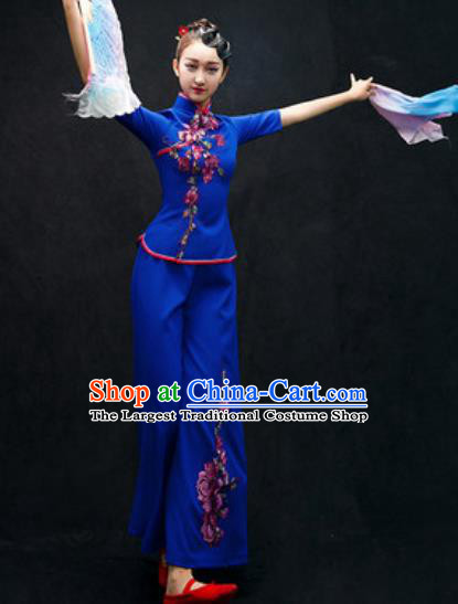 Chinese Folk Dance Yangko Royalblue Costume Traditional Fan Dance Clothing for Women