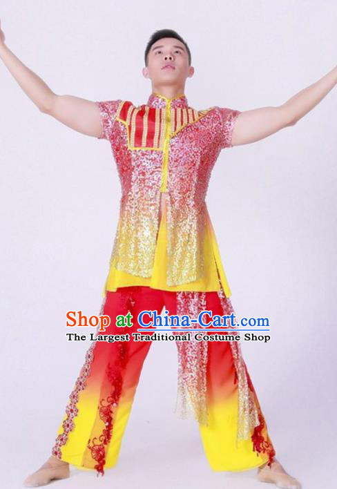 Chinese Folk Dance Red Costume Traditional Drum Dance Stage Performance Clothing for Men