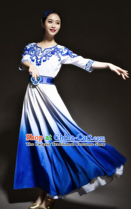 Chinese Modern Dance Stage Costume Traditional Chorus Group Dance Royalblue Dress for Women