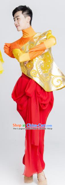 Chinese Traditional Drum Dance Stage Performance Golden Costume Folk Dance Clothing for Men