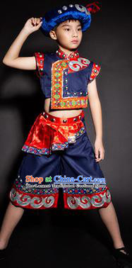 Chinese Yi Nationality Stage Performance Costume Traditional Ethnic Minority Navy Clothing for Kids