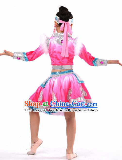 Chinese Mongol Nationality Ethnic Pink Costume Traditional Minority Folk Dance Stage Performance Clothing for Kids