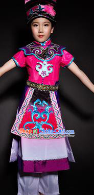 Chinese Qiang Nationality Stage Performance Costume Traditional Ethnic Minority Rosy Clothing for Kids