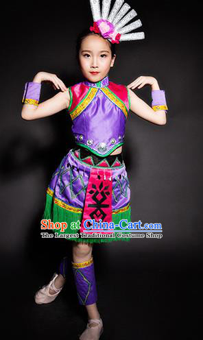 Chinese Li Nationality Ethnic Purple Costume Traditional Minority Folk Dance Stage Performance Clothing for Kids