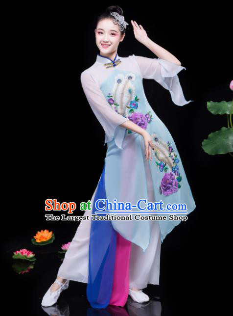 Chinese Traditional Classical Dance Lotus Dance Blue Dress Umbrella Dance Stage Performance Costume for Women