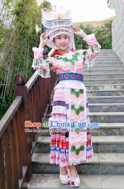 Traditional Chinese Miao Nationality Pink Pleated Dress Minority Ethnic Folk Dance Costume and Hat for Women