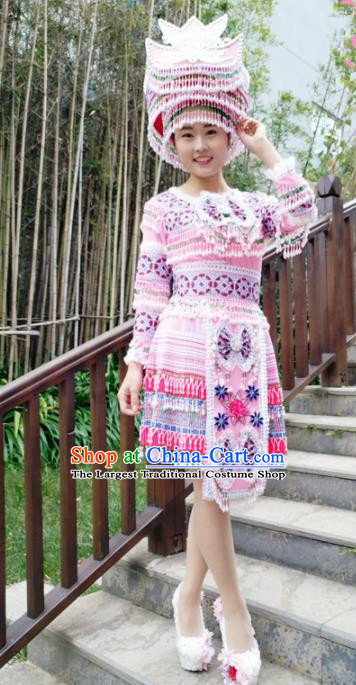 Traditional Chinese Miao Nationality Pink Short Pleated Dress Minority Ethnic Folk Dance Costume for Women