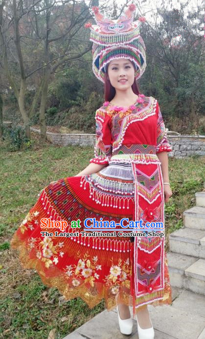 Traditional Chinese Minority Ethnic Folk Dance Red Dress Miao Nationality Stage Performance Costume and Hat for Women