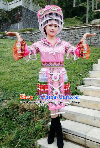 Traditional Chinese Miao Nationality Female Pink Costume Minority Ethnic Folk Dance Stage Performance Short Dress and Hat for Women