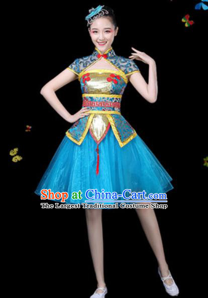 Traditional Chinese Yangko Blue Dress Folk Dance Drum Dance Stage Performance Costume for Women