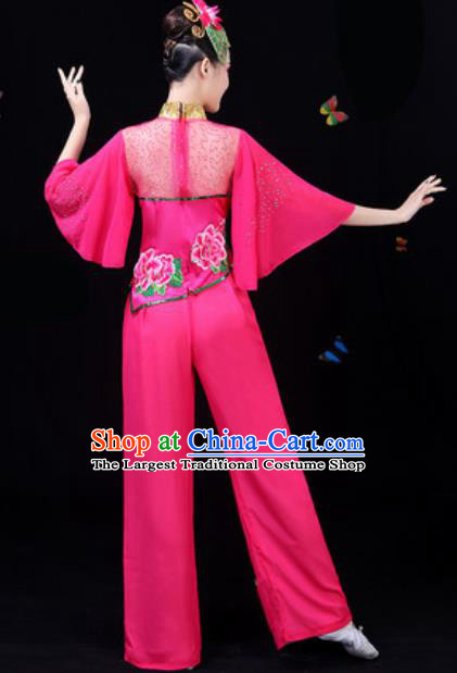 Traditional Chinese Yangko Embroidered Rosy Clothing Folk Dance Fan Dance Stage Performance Costume for Women