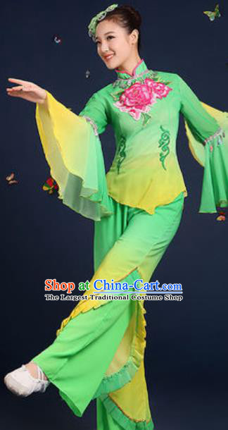 Traditional Chinese Fan Dance Embroidery Peony Green Clothing Folk Dance Yangko Stage Performance Costume for Women