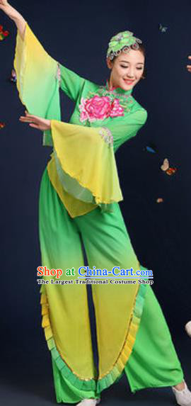 Traditional Chinese Fan Dance Embroidery Peony Green Clothing Folk Dance Yangko Stage Performance Costume for Women