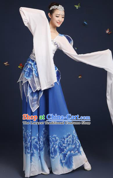 Chinese Traditional Umbrella Dance Lotus Dance Blue Dress Classical Dance Stage Performance Costume for Women