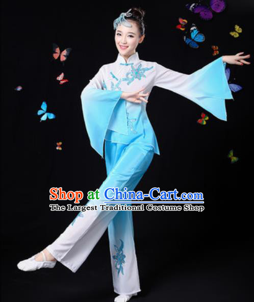 Traditional Chinese Yangko Dance Light Blue Clothing Folk Dance Fan Dance Stage Performance Costume for Women