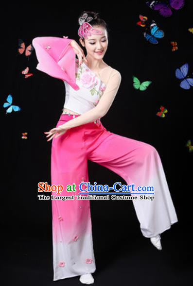 Traditional Chinese Yangko Dance Rosy Clothing Folk Dance Fan Dance Stage Performance Costume for Women
