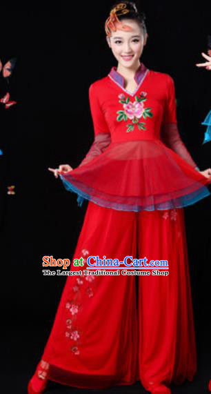 Traditional Chinese Yangko Group Dance Red Veil Clothing Folk Dance Fan Dance Stage Performance Costume for Women