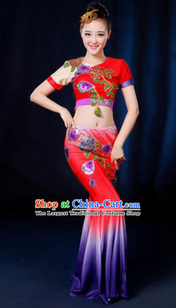 Traditional Chinese Minority Ethnic Red Dress Dai Nationality Peacock Dance Stage Performance Costume for Women