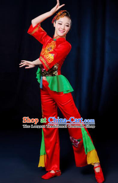 Traditional Chinese Yangko Fan Dance Group Dance Red Clothing Folk Dance Stage Performance Costume for Women