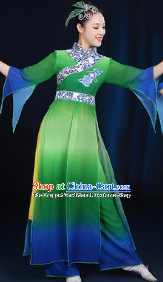 Chinese Traditional Umbrella Dance Group Dance Green Dress Classical Dance Stage Performance Costume for Women