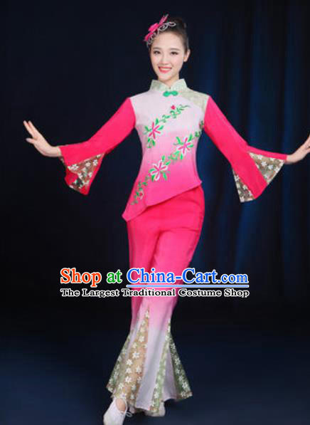 Traditional Chinese Yangko Fan Dance Rosy Clothing Folk Dance Stage Performance Costume for Women