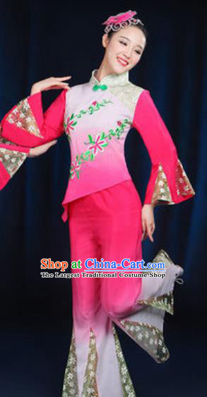 Traditional Chinese Yangko Fan Dance Rosy Clothing Folk Dance Stage Performance Costume for Women
