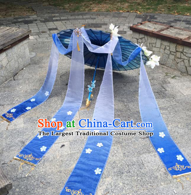 Traditional Chinese Handmade Blue Ribbon Umbrellas Ancient Swordswoman Hanfu Umbrella for Women