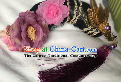 Traditional Chinese Qing Dynasty Imperial Consort Purple Peony Headwear Ancient Palace Manchu Hair Accessories for Women