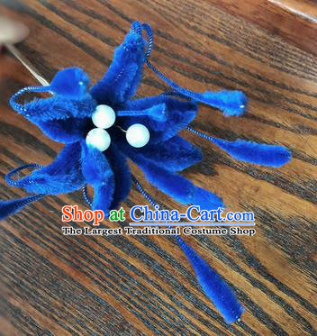 Traditional Chinese Qing Dynasty Royalblue Velvet Flower Hairpins Handmade Ancient Palace Hair Accessories for Women