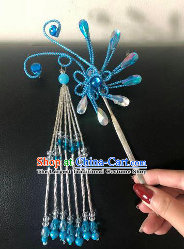 Traditional Chinese Qing Dynasty Blue Hairpins Handmade Ancient Manchu Lady Hair Accessories for Women