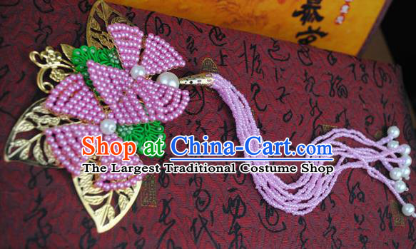 Traditional Chinese Qing Dynasty Pink Beads Tassel Hairpins Handmade Ancient Manchu Lady Hair Accessories for Women