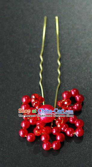 Traditional Chinese Wedding Red Beads Hairpins Handmade Ancient Bride Hair Accessories for Women