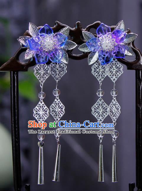 Traditional Chinese Wedding Tassel Blue Flower Hair Claws Hairpins Handmade Ancient Bride Hair Accessories for Women