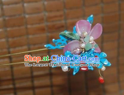 Handmade Chinese Ancient Princess Tassel Hairpins Blue Butterfly Lotus Hair Clip Headwear Hair Accessories for Women