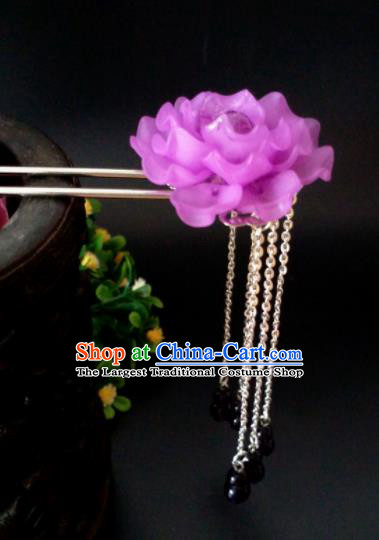 Chinese Handmade Hanfu Palace Hairpins Purple Peony Tassel Hair Clip Traditional Ancient Princess Hair Accessories for Women