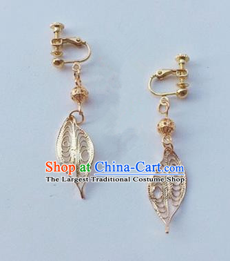 Handmade Chinese Classical Golden Leaf Ear Accessories Ancient Princess Hanfu Earrings for Women