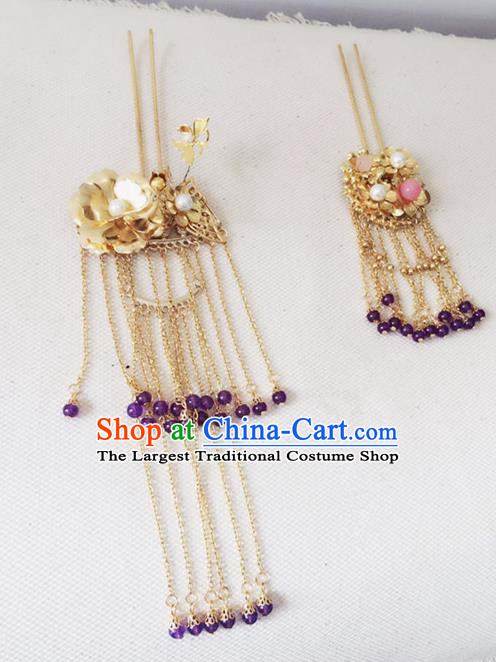 Traditional Chinese Handmade Tassel Hair Clip Hanfu Golden Hairpins Ancient Imperial Consort Hair Accessories for Women