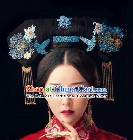 Handmade Chinese Manchu Phoenix Coronet Traditional Hanfu Hairpins Ancient Qing Dynasty Queen Hair Accessories for Women