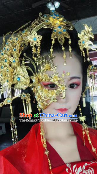 Chinese Handmade Hanfu Palace Golden Phoenix Coronet Mask Hairpins Traditional Ancient Imperial Consort Hair Accessories for Women