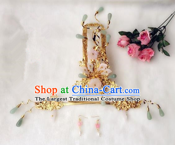 Handmade Chinese Palace Jade Tassel Phoenix Coronet Princess Hairpins Ancient Traditional Hanfu Hair Accessories for Women