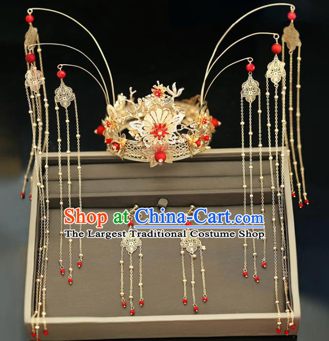 Handmade Chinese Ancient Wedding Tassel Hairpins Golden Phoenix Coronet Traditional Bride Hanfu Hair Accessories for Women