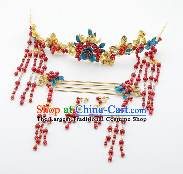 Handmade Chinese Wedding Blueing Hair Clasp Tassel Hairpins Ancient Traditional Hanfu Hair Accessories for Women